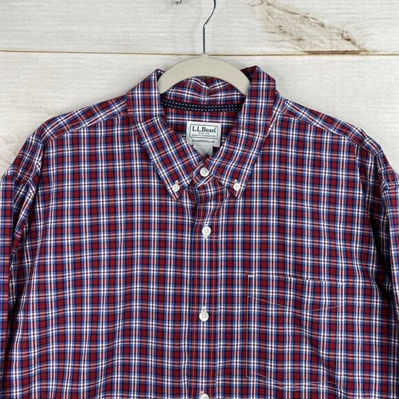 LL Bean Shirt Mens XL Red White Blue Plaid Traditional Fit Button Down Long Slv - Picture 2 of 10